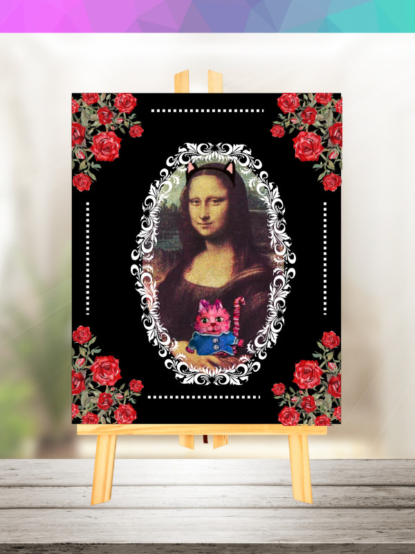 ACEO ART Whimsical Cat w/ roses, Mona Lisa Miniature artwork print Valentines