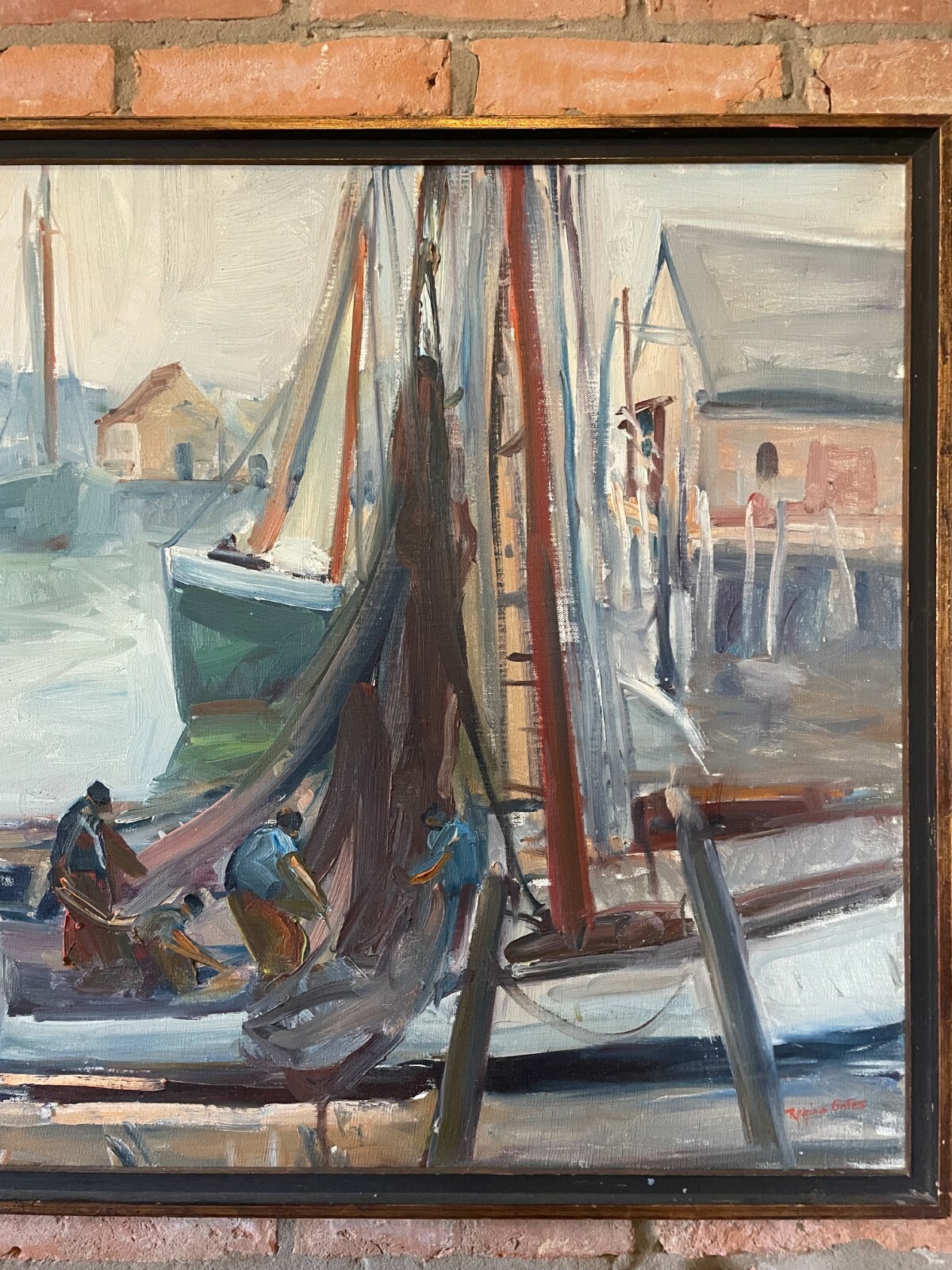 Regina Gates Signed Mid Century Modern Painting «At Work on the Nets» 32″ x 26″