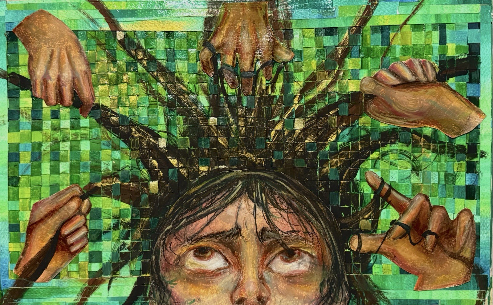 “Sacred” Original Hands Painting Over Green Mosaic Background FRAME INCLUDED