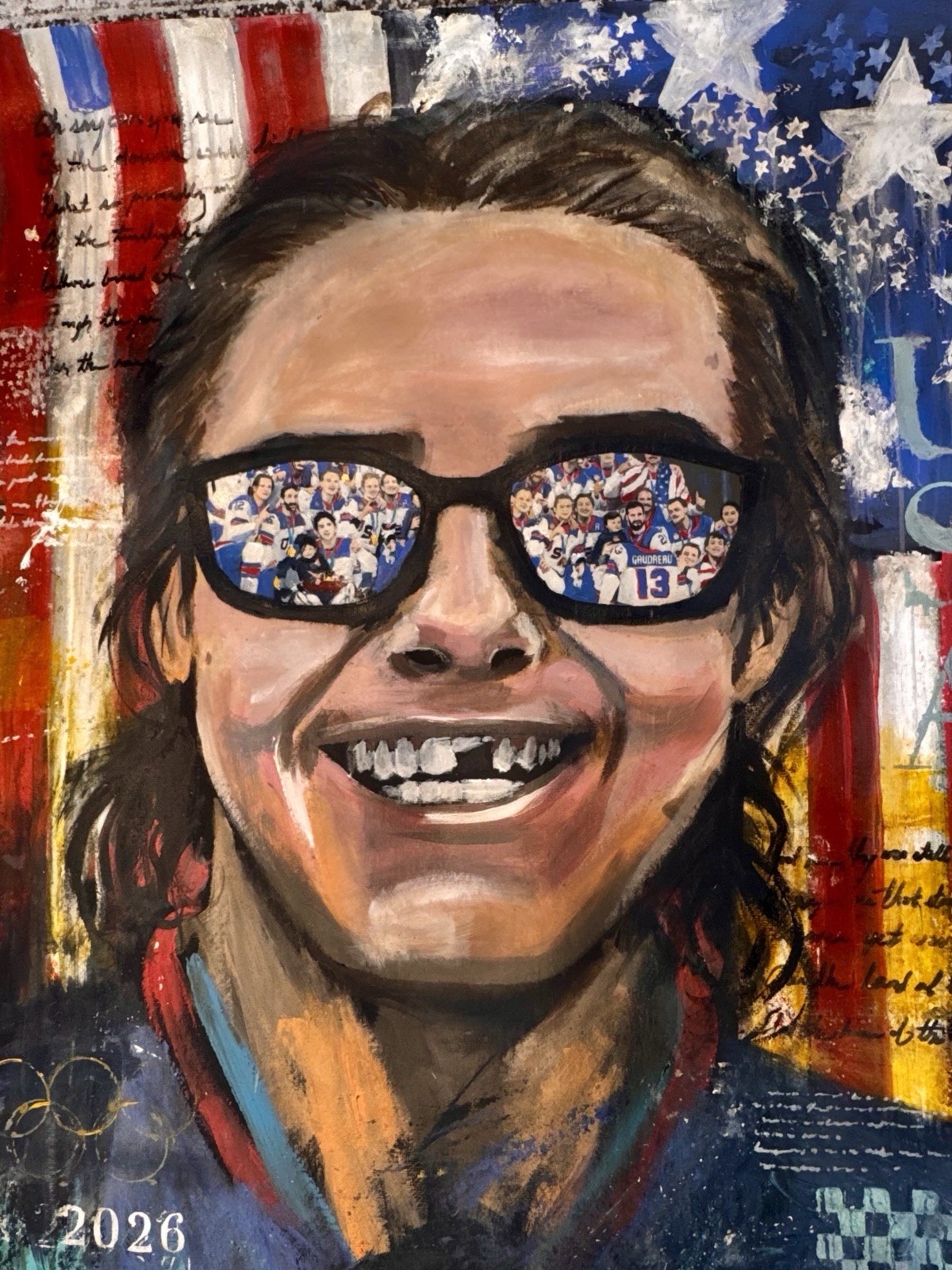 XL Colorful Abstract Painting Jack Hughes Entire USA HOCKEY Team GOLD Metal WIN