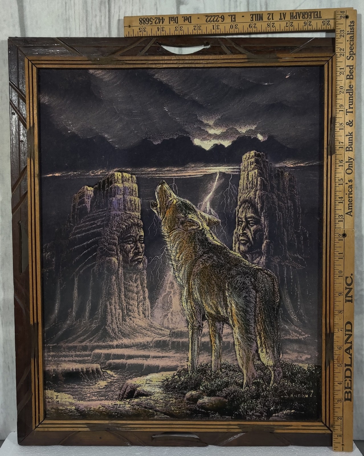 Velvet Painting Wolf Howling Native American Indian 19×23 Signed Sanchez 1970’s