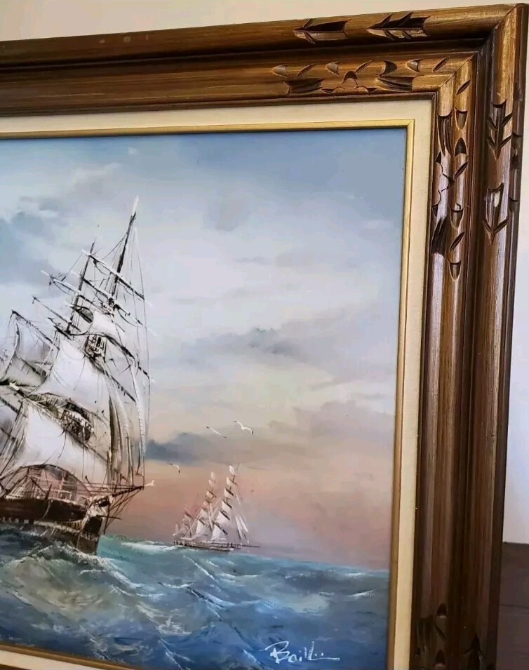 Vintage Signed Baille Seascape Oil Painting Tall Ship Nautical Framed