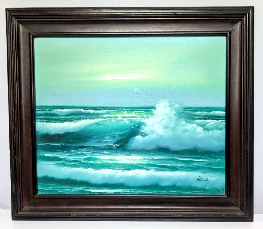 H. Gailey Original Oil Painting Seascape Ocean Waves 30″x26″ Wood Framed Artwork