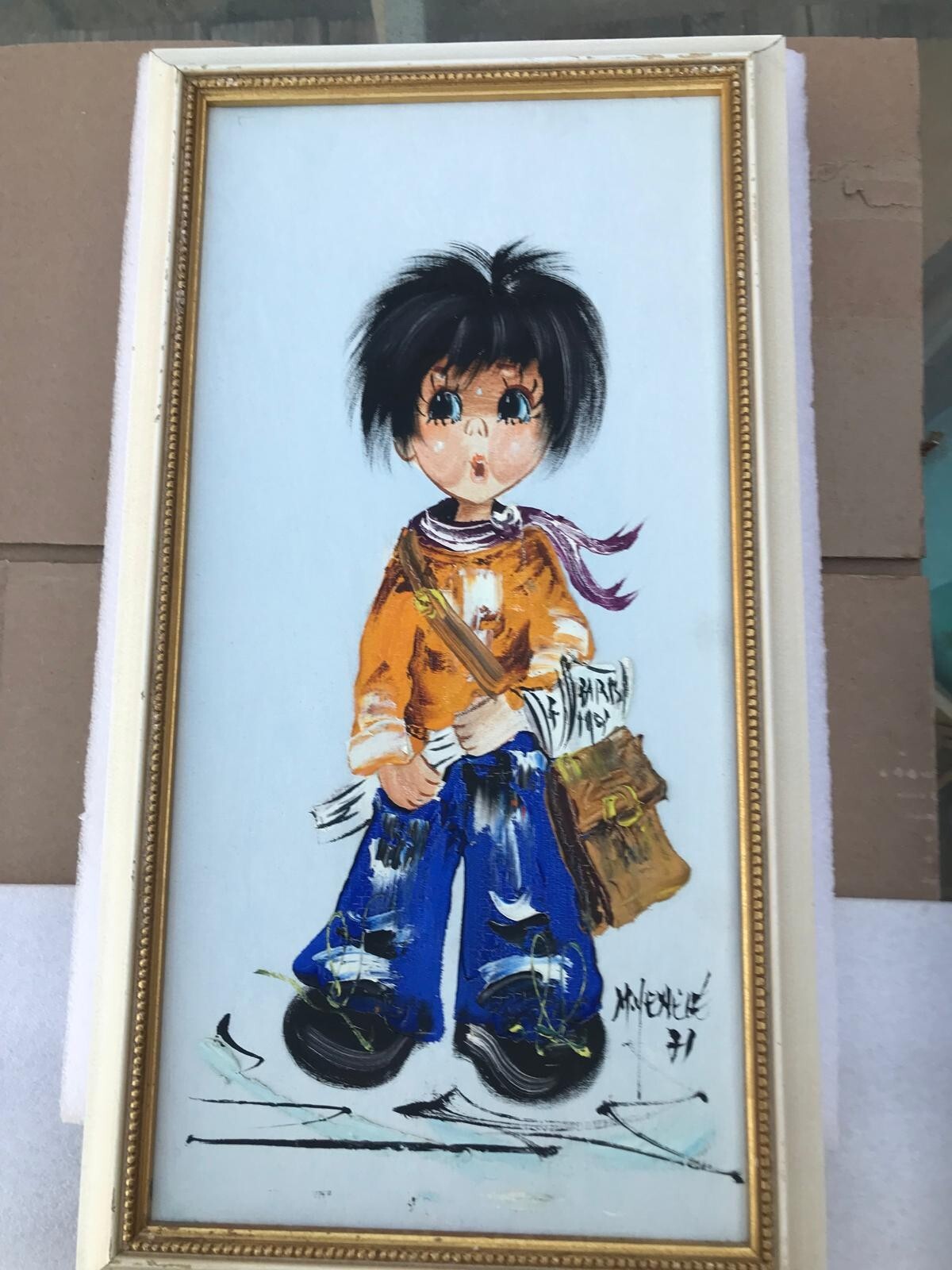 Vintage 1971 M. Yaneli Oil Painting Paris Boy Big Eyes&Girl With Flowers