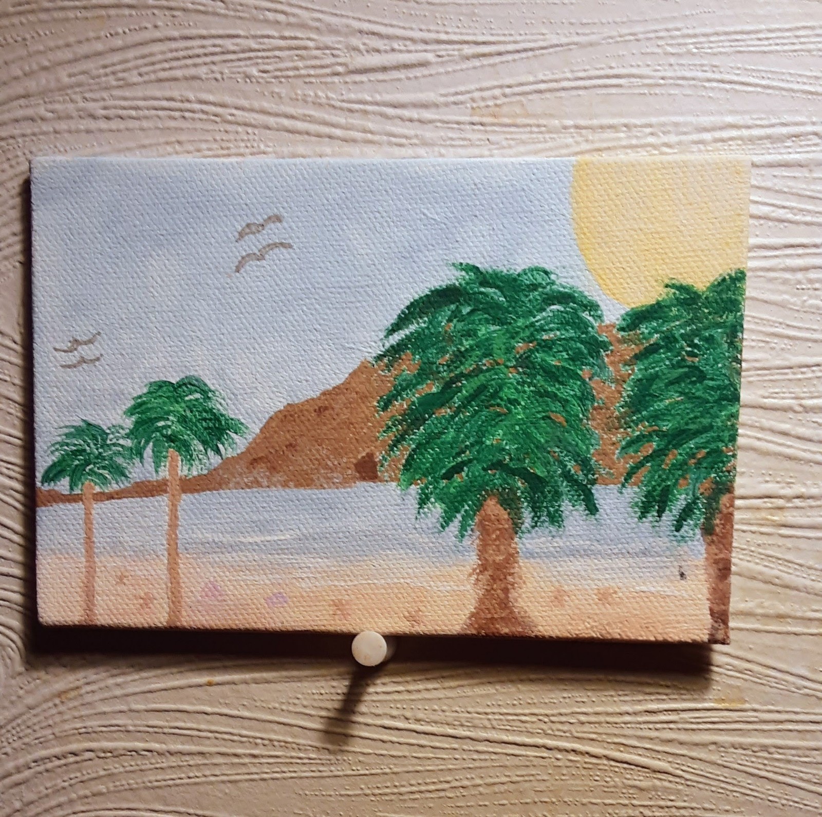 Acrylic Painting Relaxing Island Sun Ocean Seascape w/Palm Trees One of a kind!