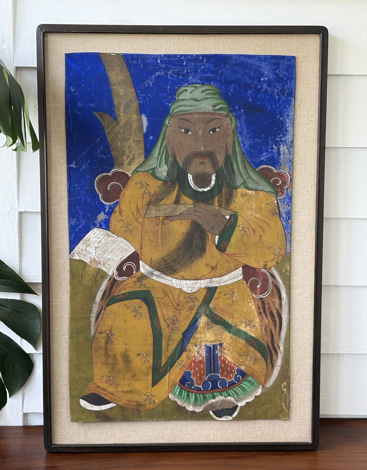 Antique Chinese Temple Folk Art Painting Guan Gong on Hemp Cloth