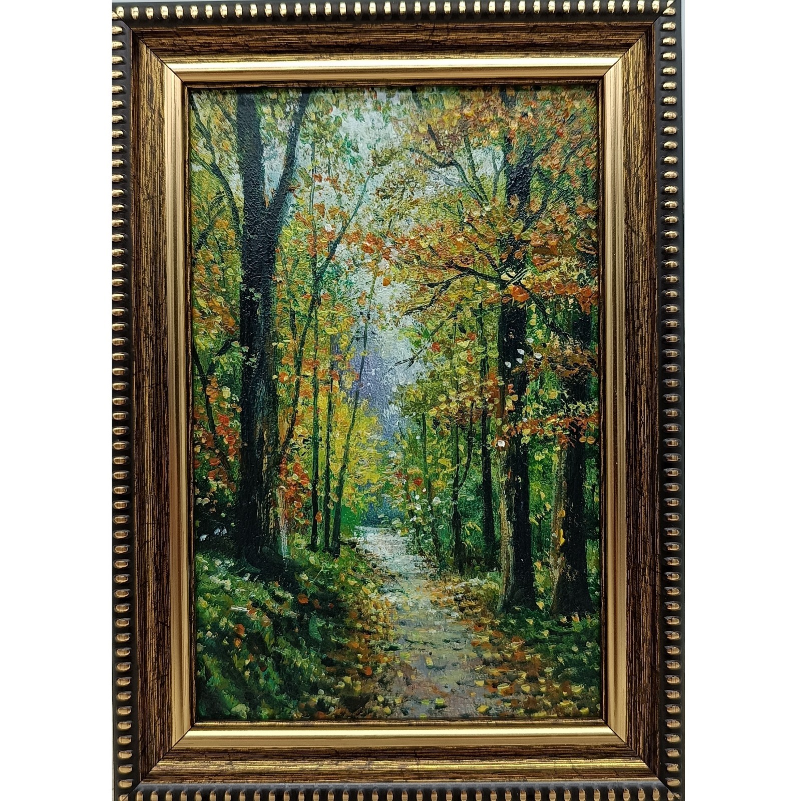 Forest Landscape Original Oil Painting 6×4 Framed Signed Autumn Woods Sunray Art