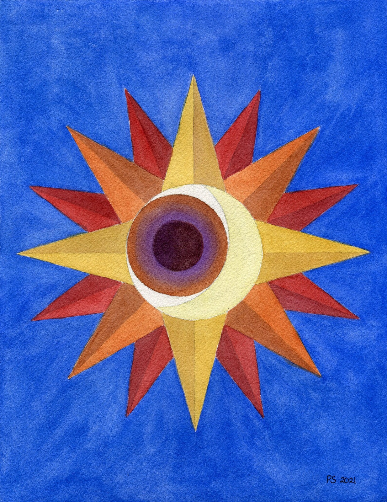 Original Geometric Watercolor Painting Sun Eye Moon Symbolic Art 7.8×10.25