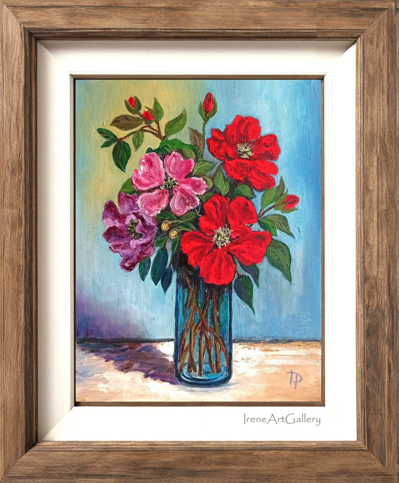 Colorful Floral Artwork Red and Purple Flowers Paintin Original Oil Art 11×14 in