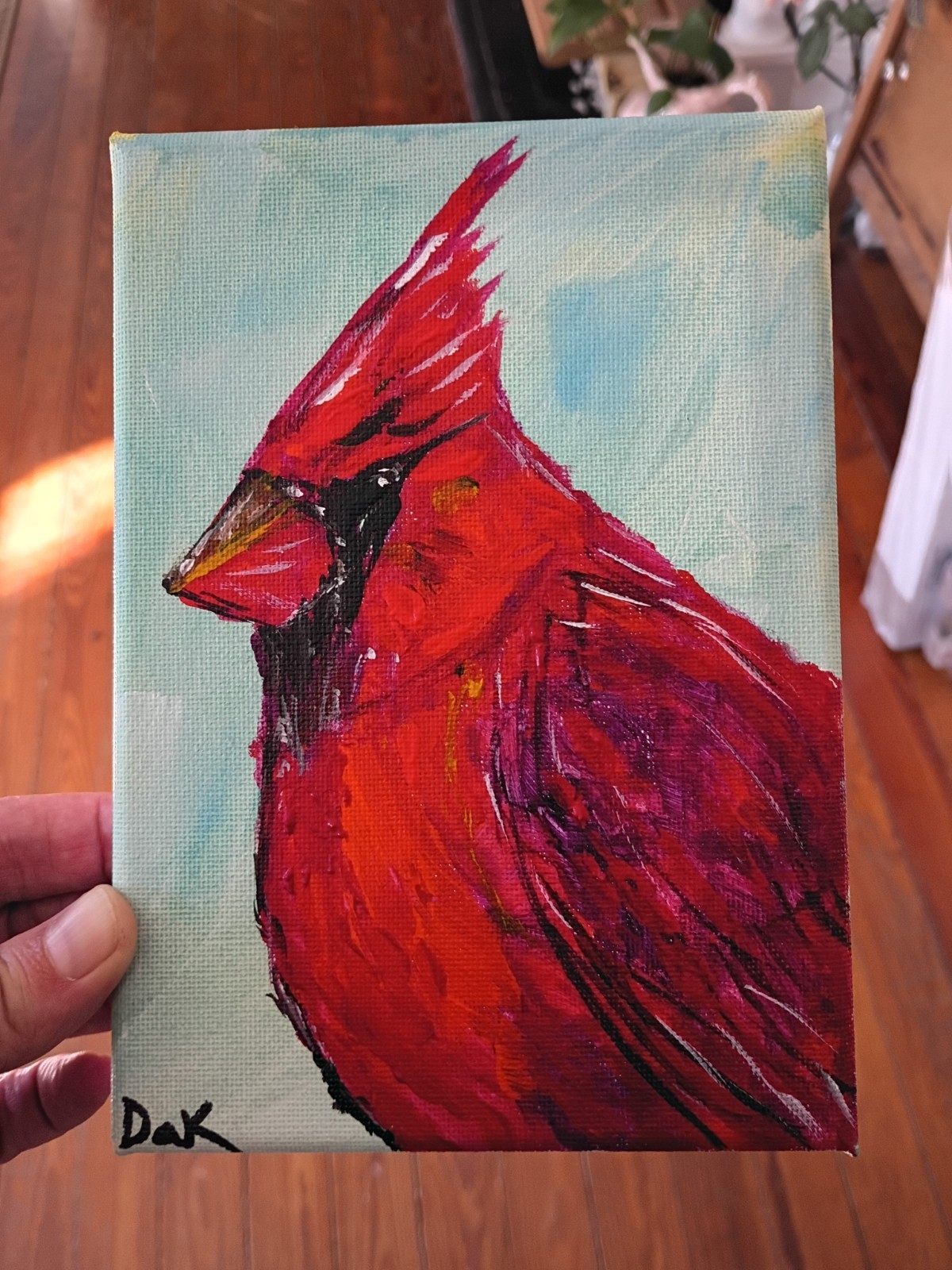 Red Bird 5×7 Canvas Original Art Expressionism Abstract Cardinal Animals Nature