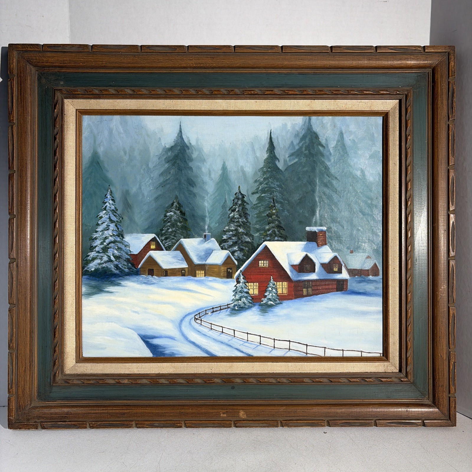 Vintage Winter Scene Art Painting Snow Cabins Pine Trees Forest Landscape