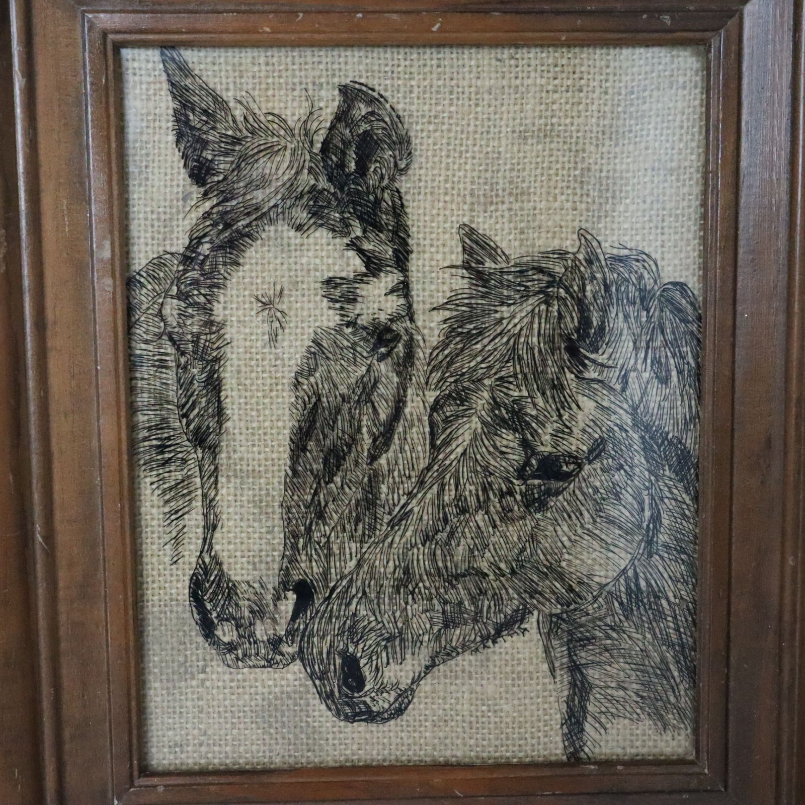 Vintage Reverse Painted Glass Horses Equestrian Burlap Framed Western Farmhouse
