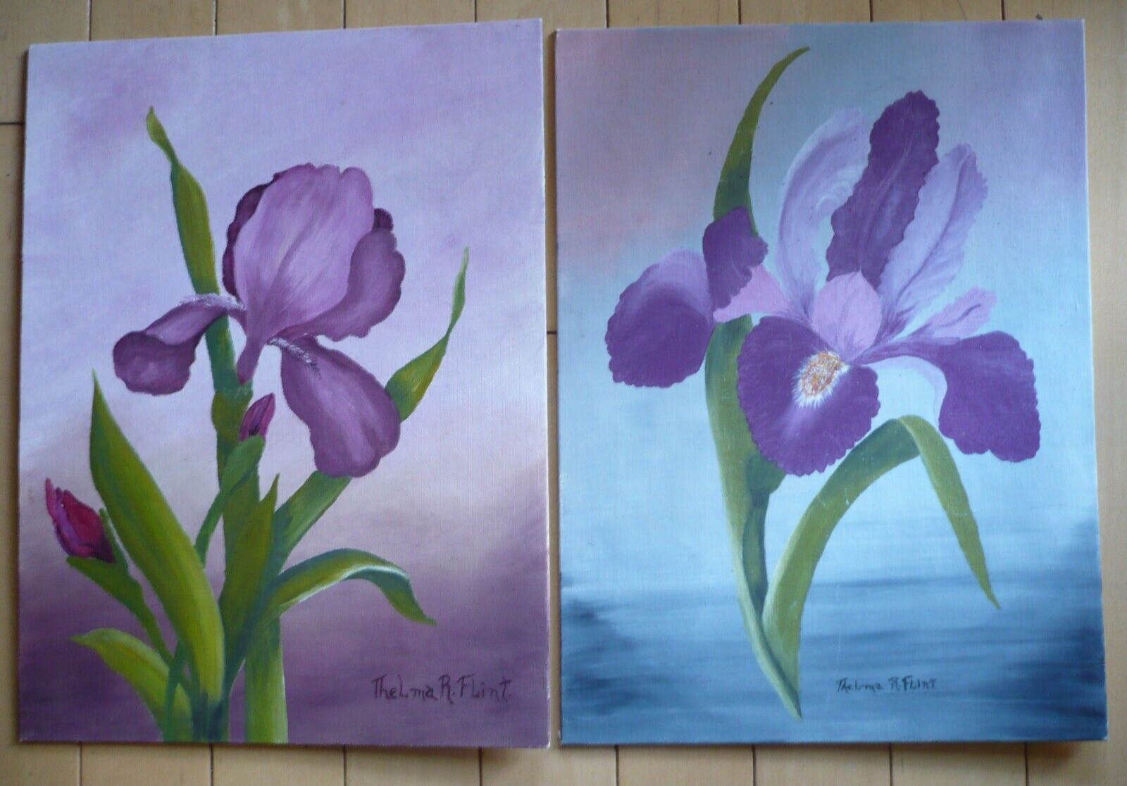 THELMA FLINT, PAIR OF IRIS OIL PAINTING, FLORAL FLOWERS, VINTAGE SIGNED REALISM