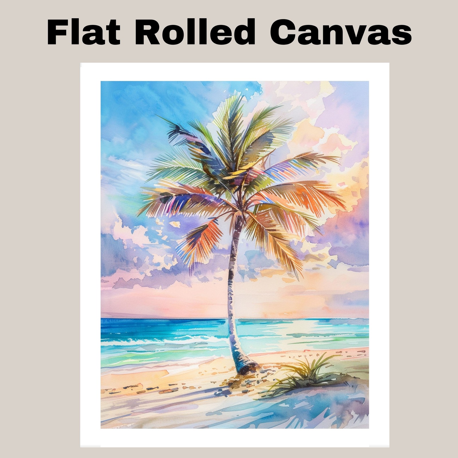Tropical Beach Sunset with Colorful Palm Tree Watercolor Painting Ocean Canvas