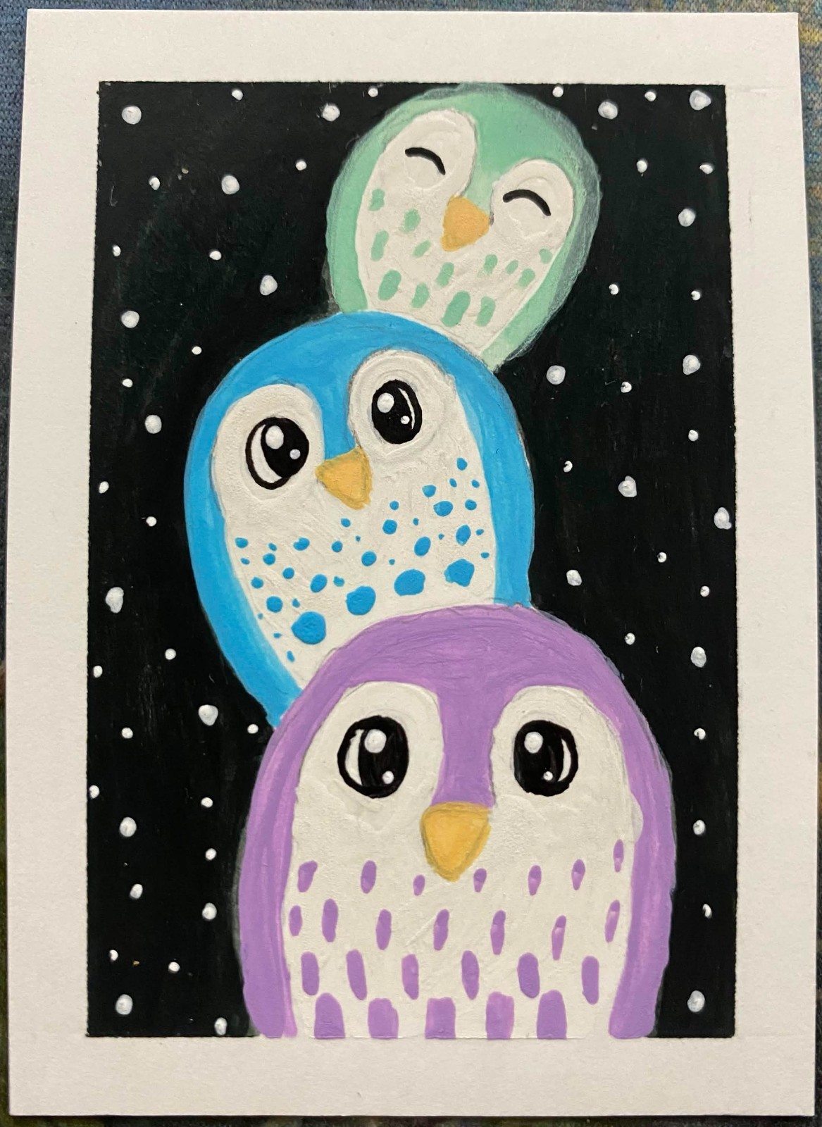 ACEO Original Owl Birds Feathers Stars Sky Miniature Painting Art OneCraftyLady