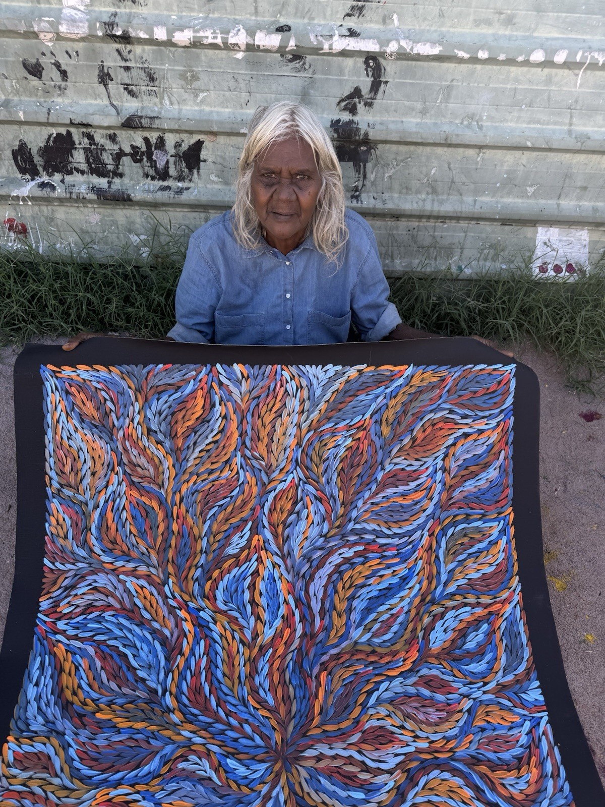 Rosemary Petyarre .Authentic Aboriginal Art. Bush yam flower, Size; 150 x 100cm
