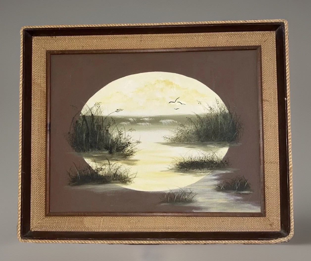 Vtg 1970s Oval Nautical Ocean Oil Painting Rope Frame Signed Original 18” X 22”