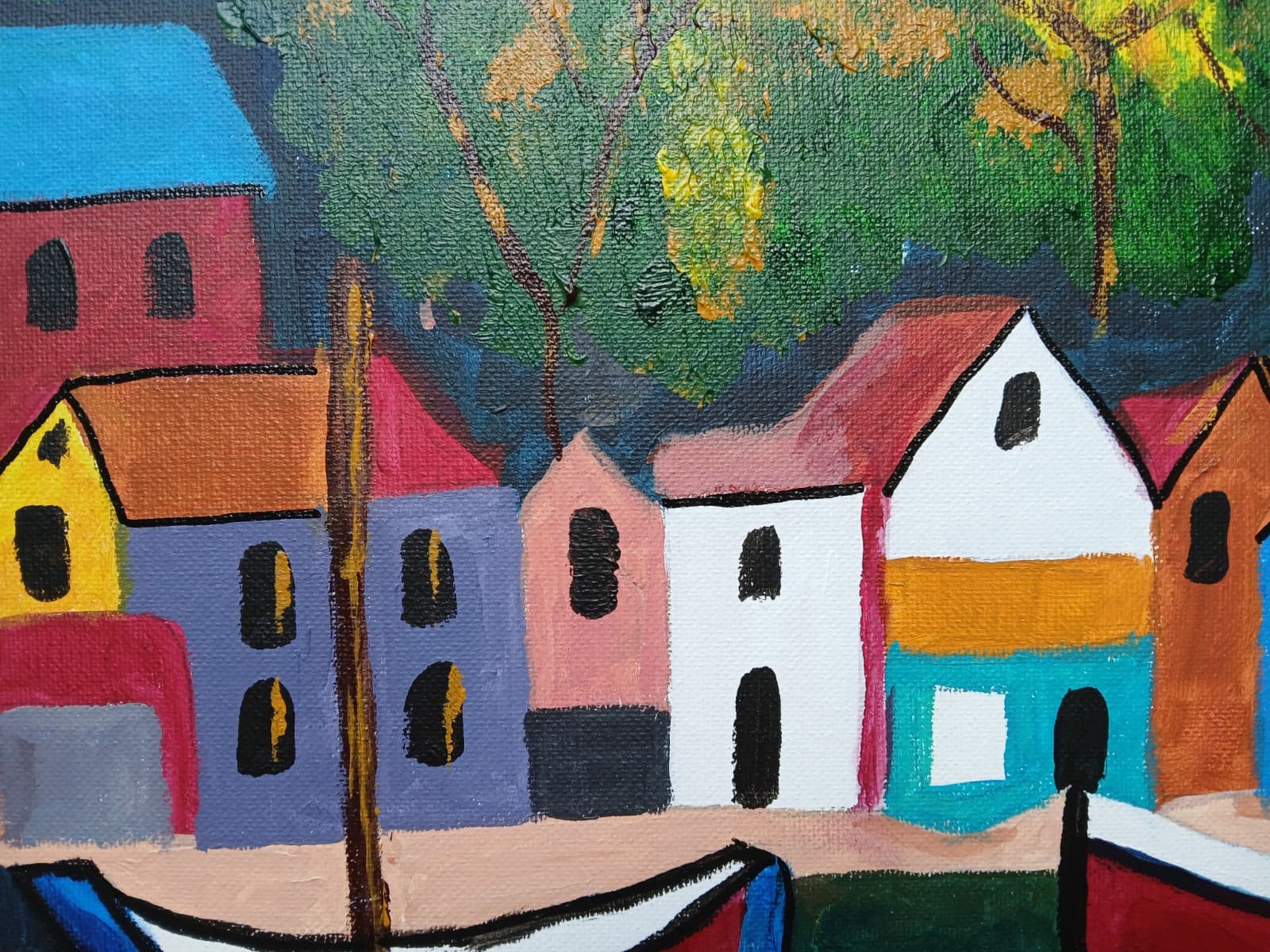 Impressionism 16×20 Seaside VillageHandmade Signed Colorful Art Painting