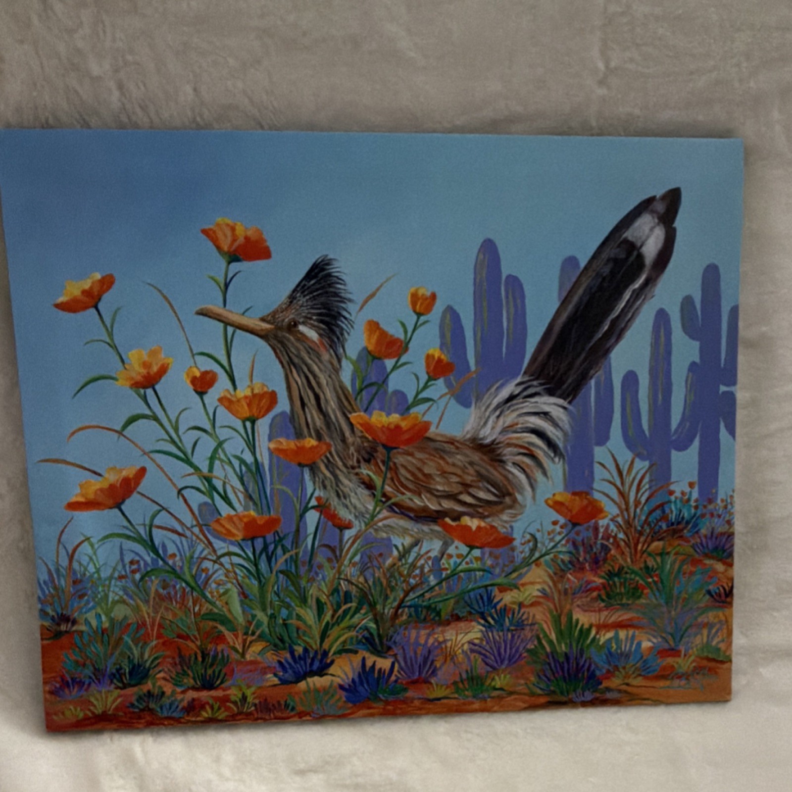 LamBird Roadrunner Desert Flowers Original Canvas Painting, 16×20, Nature Art