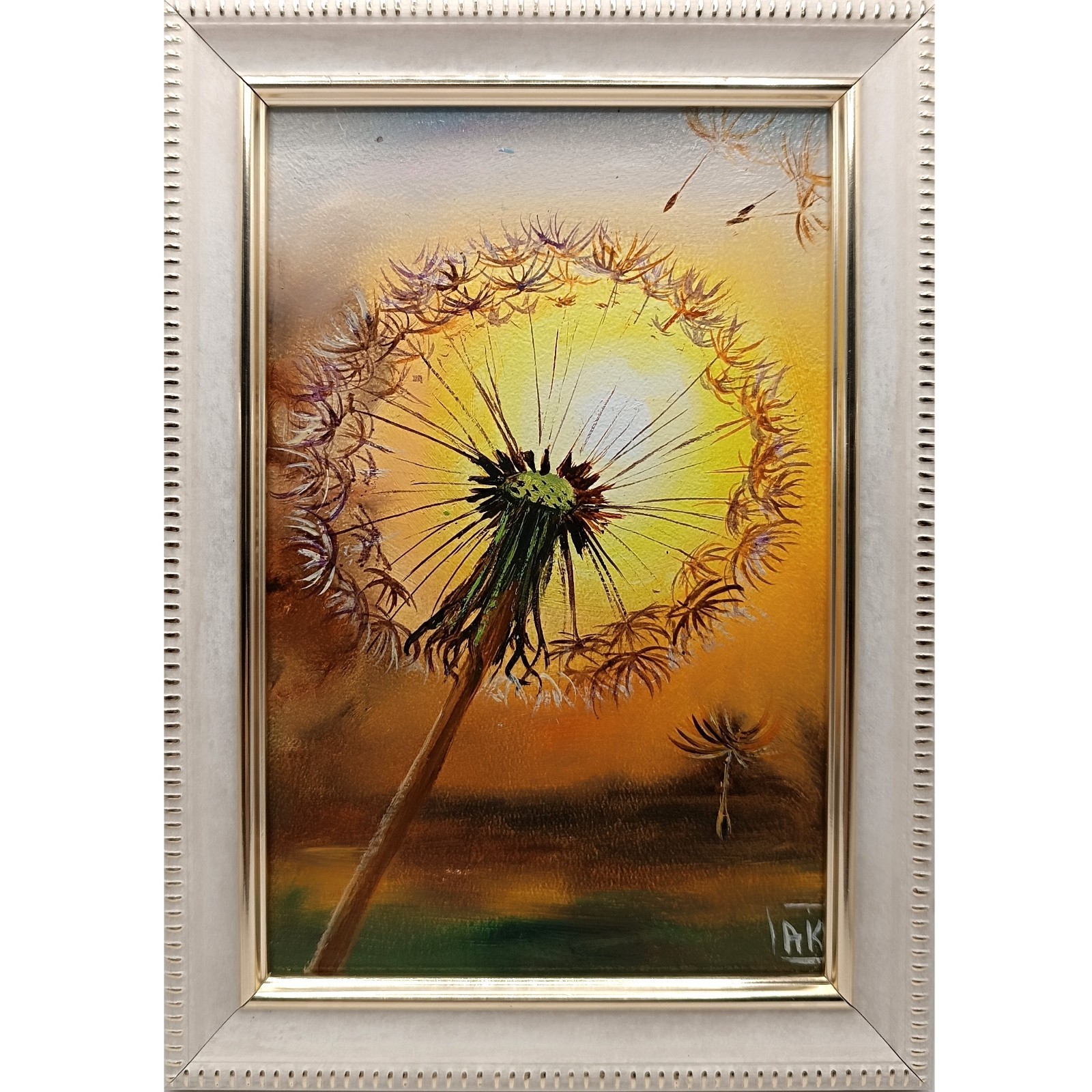Original Dandelion Oil Painting Sunset Flower Miniature Framed 6×4 Impasto Art