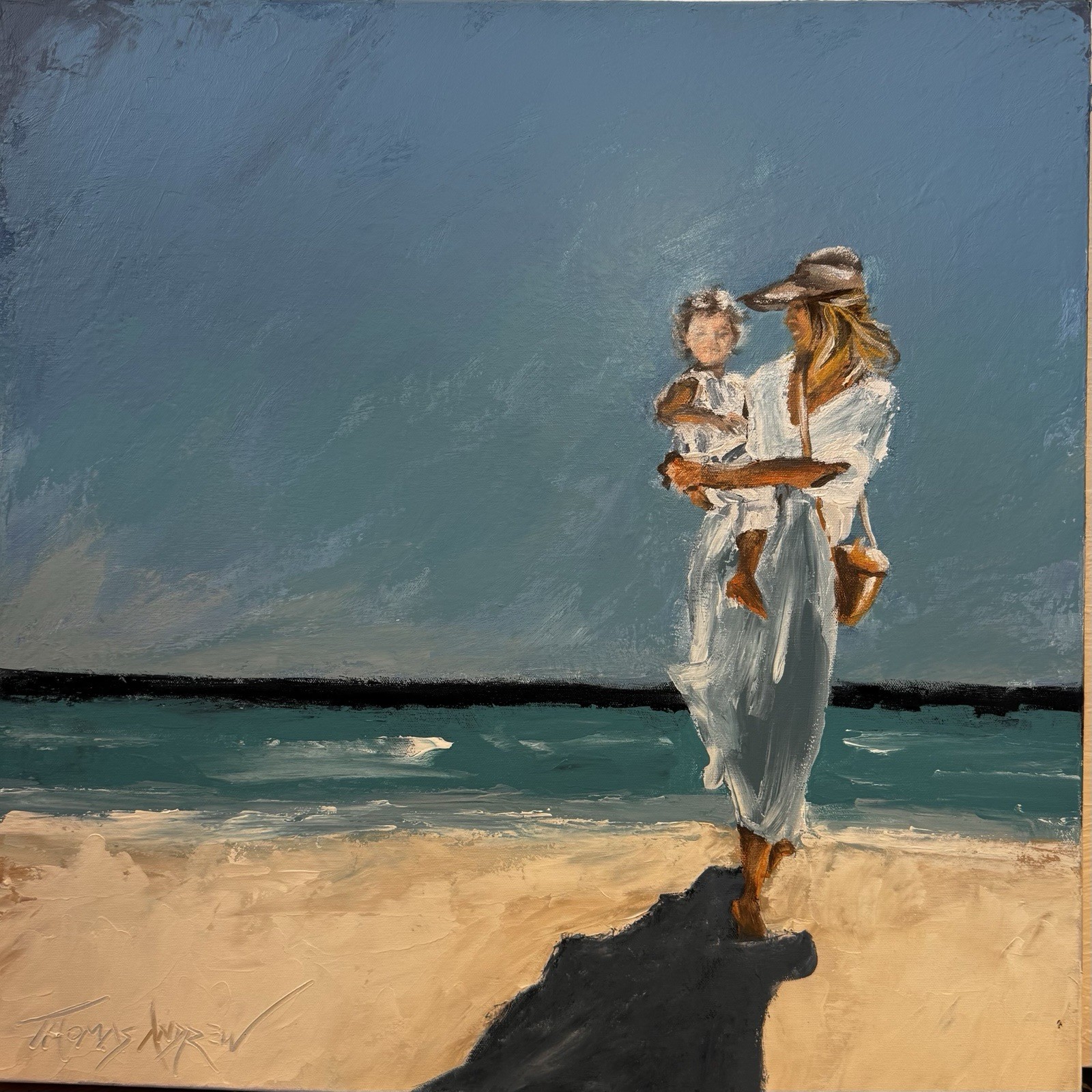 OOAK AL Artist Coastal Original Painting Mother And Child &Beach on Canvas 24×24