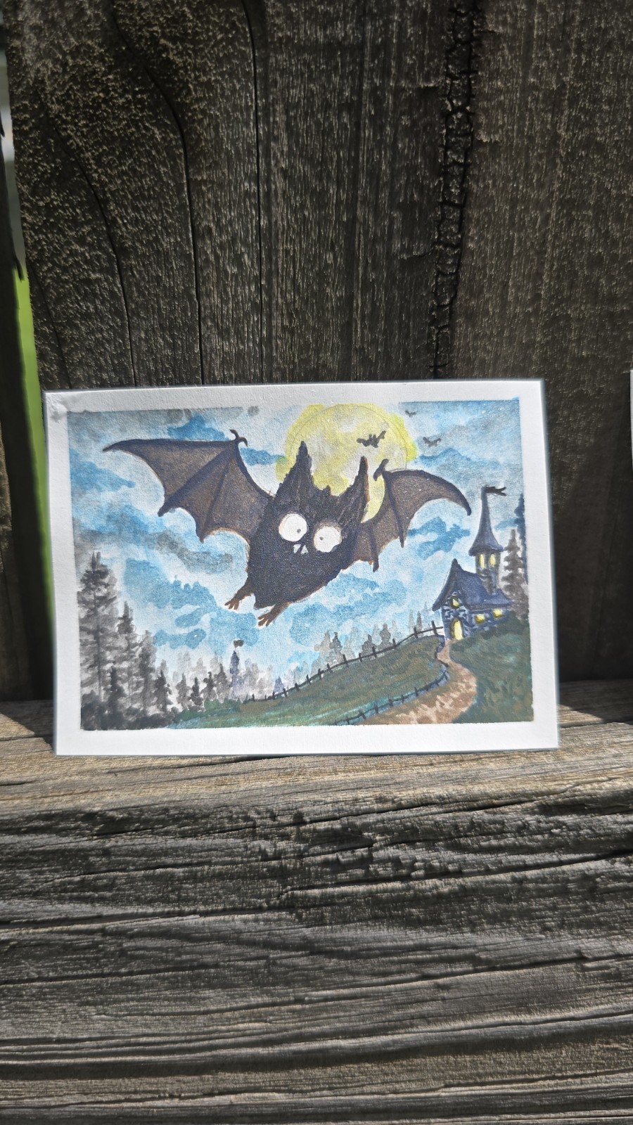 Freakin’ Bats #3 «Moonlit Flight» Original ACEO Bat Art OOAK Halloween ATC