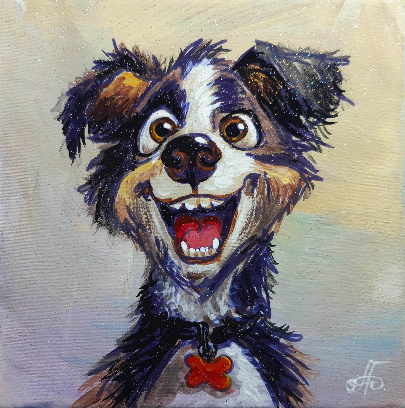 Original Acrylic Painting Funny Happy Dog Laughing Portrait Small Hand Painted