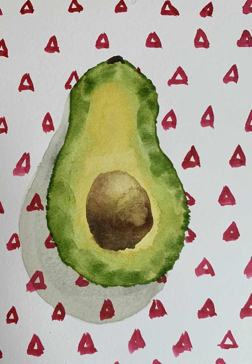 Original watercolor painting Sliced Avocado fruit 7.5 x 5.5 food kitchen artwork