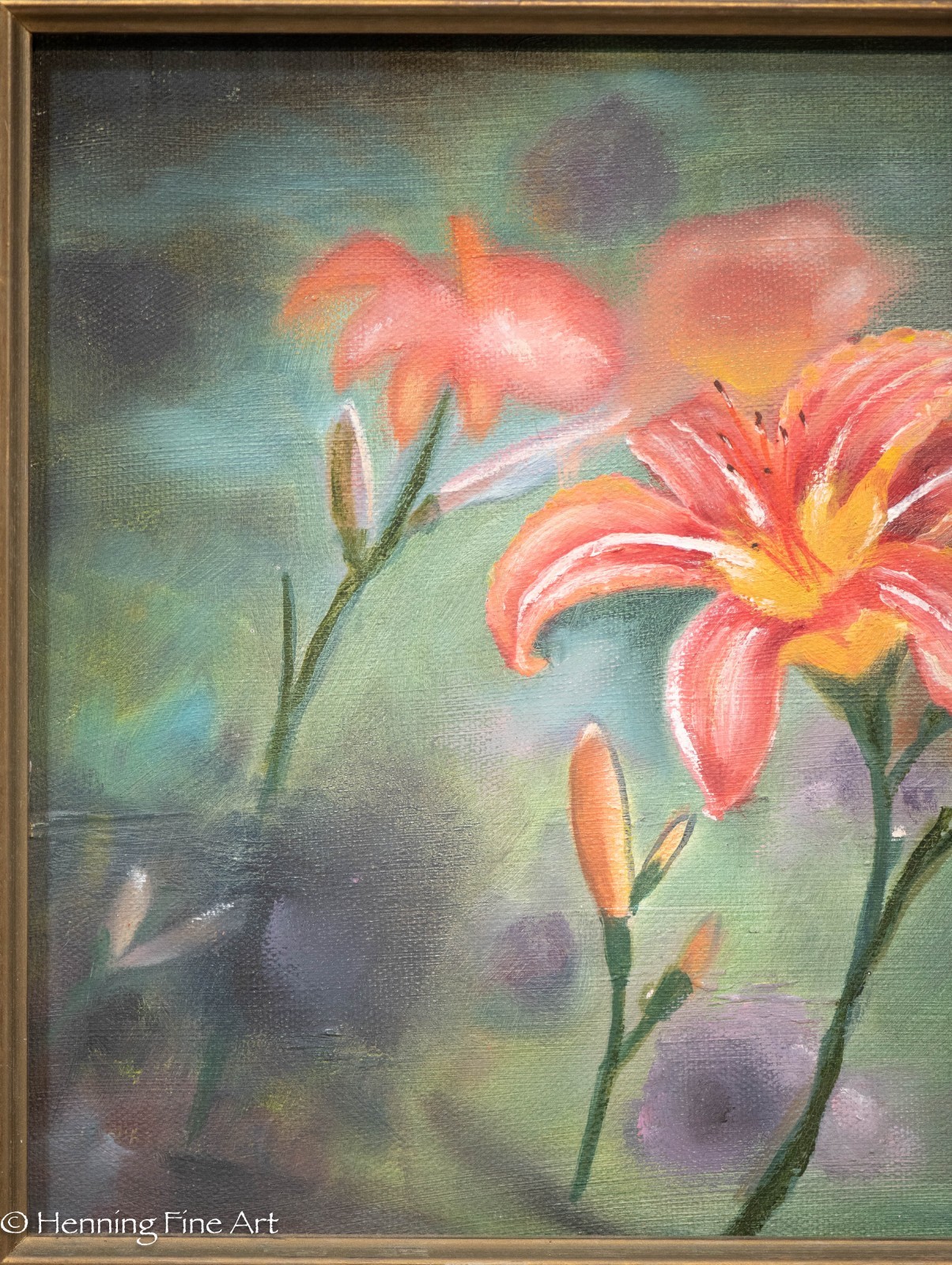 Beautiful Vintage Floral Oil Painting of Pink Lilies Signed 14×17″