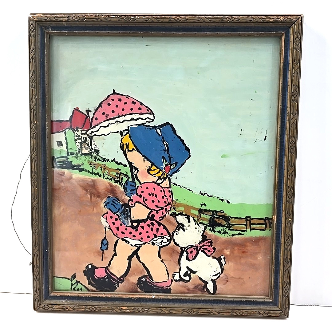 Vintage 1950 Original Painting Girl and Puppy Framed With Glass Signed 13.5″x15″