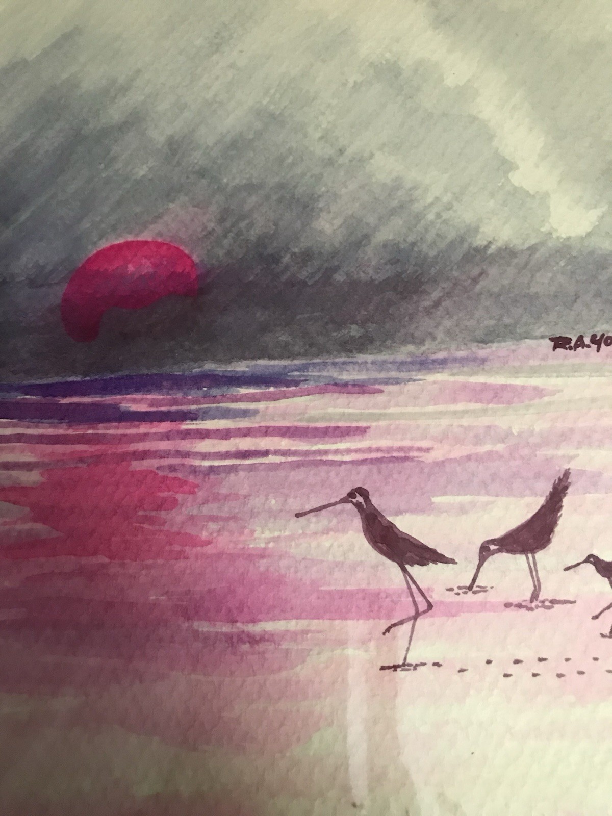 R.A. Young, Vintage, 1988Seascape Sunset Shorebirds Watercolor Painting on Paper