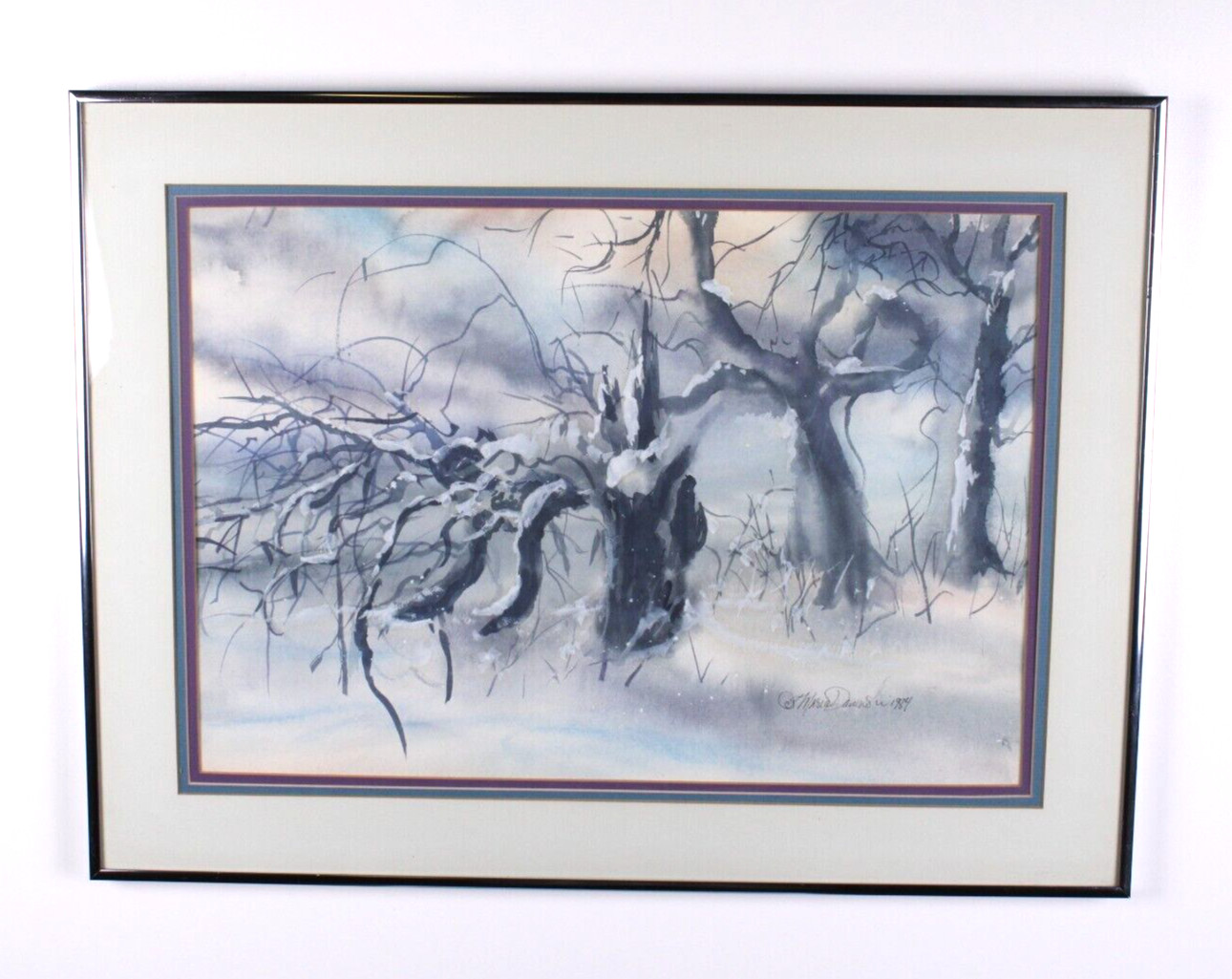 Landscape Winter Scene With Snow Watercolor Painting Signed Illegible 1984