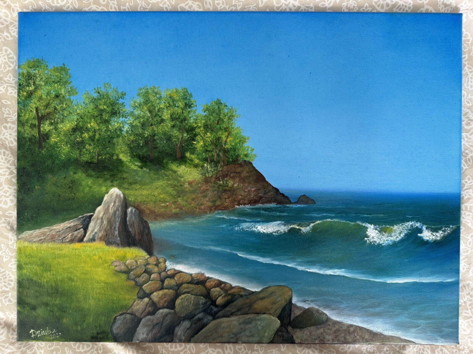 Oil Painting Canvas Summer Ocean Shore Original By Artist Handmade Medium Size