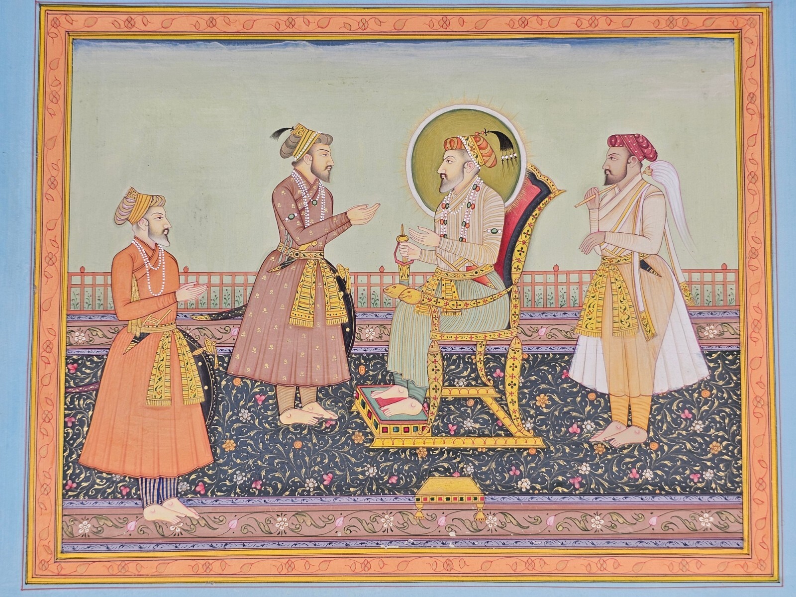 Shah Jahan Mughal Scene Painting Indian Handmade Miniature Art Gold Work