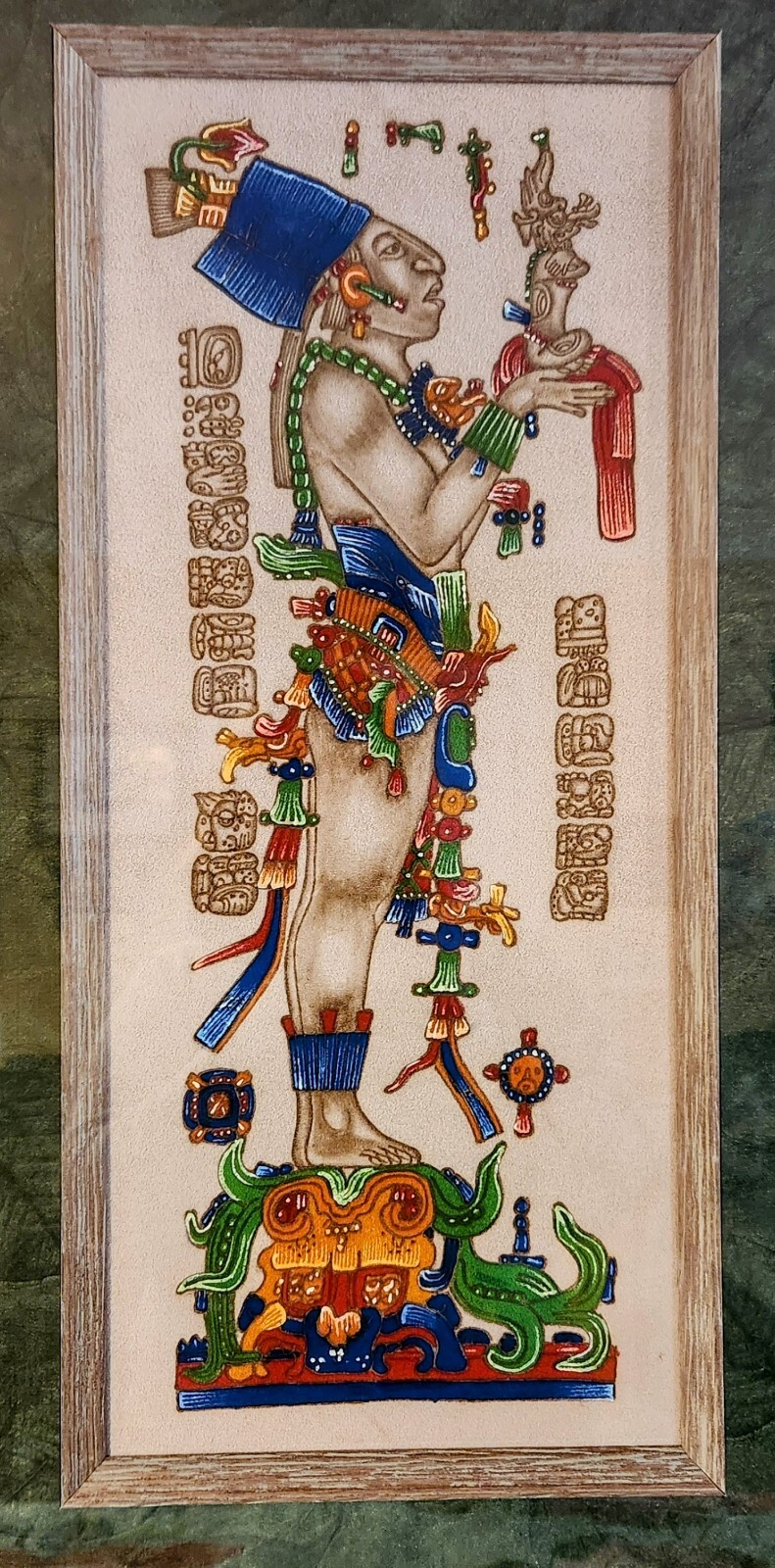 Custom Framed Mayan Pyrography Suede Leather Painting of Chan-Bahlum 16″ x 28″