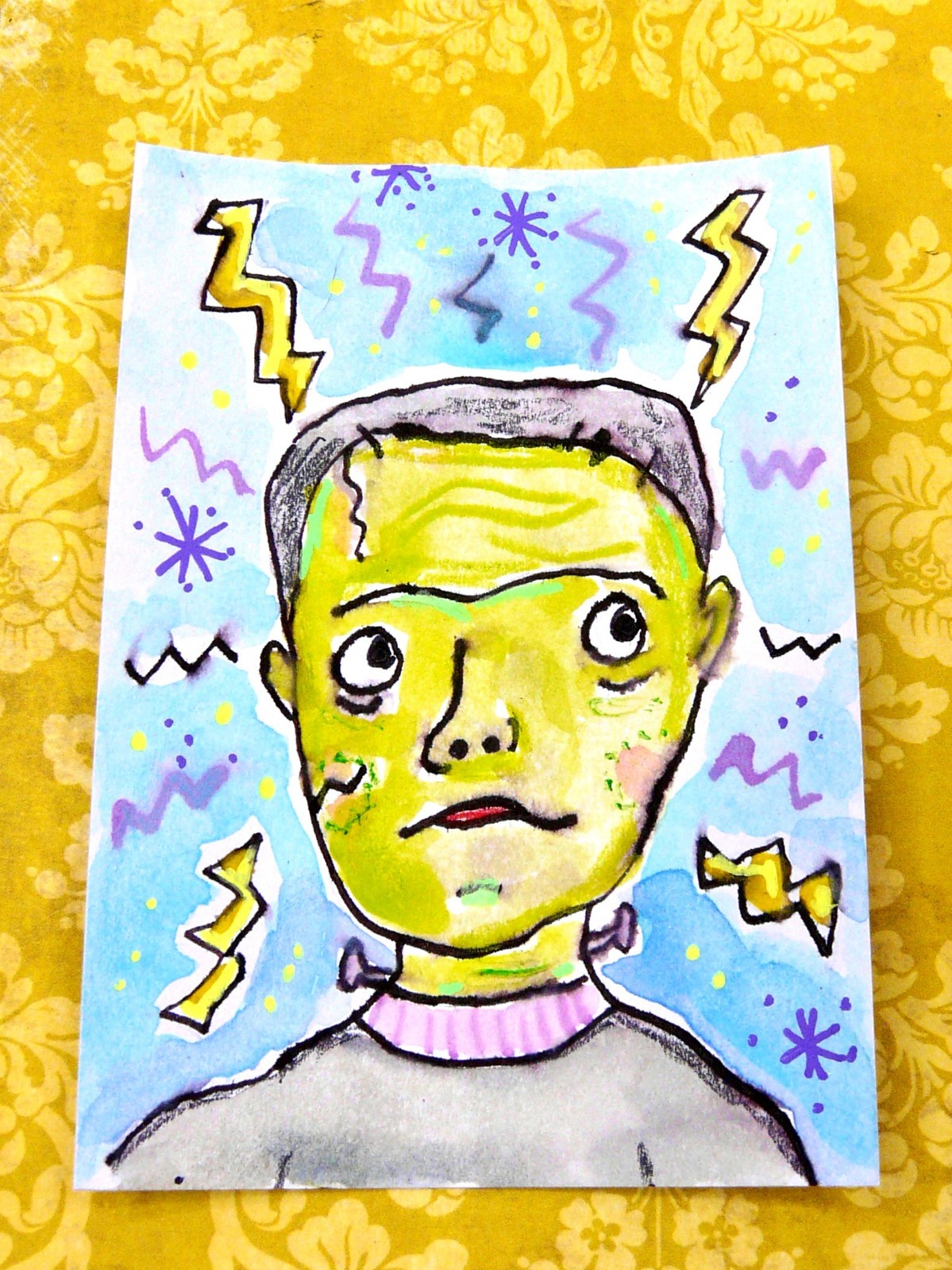 ACEO * Art Original Watercolor Halloween Frankenstein horror movie monster