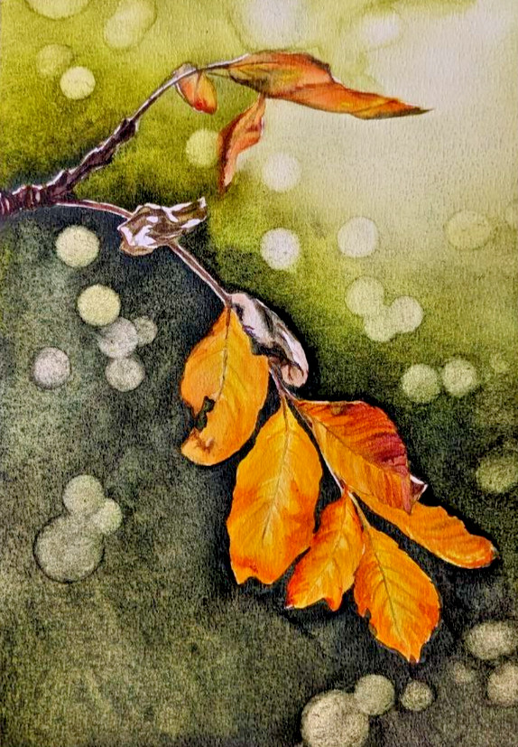 Autumn Branch Orange Leaves on Green Background Watercolor Painting A4 Fall Art