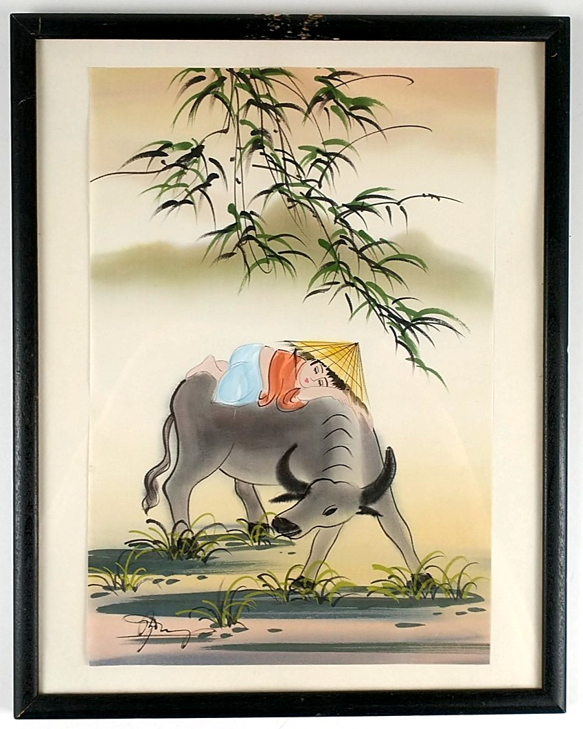 Vintage Vietnamese Watercolor on Silk Painting Boy Sleeping Water Buffalo 1034