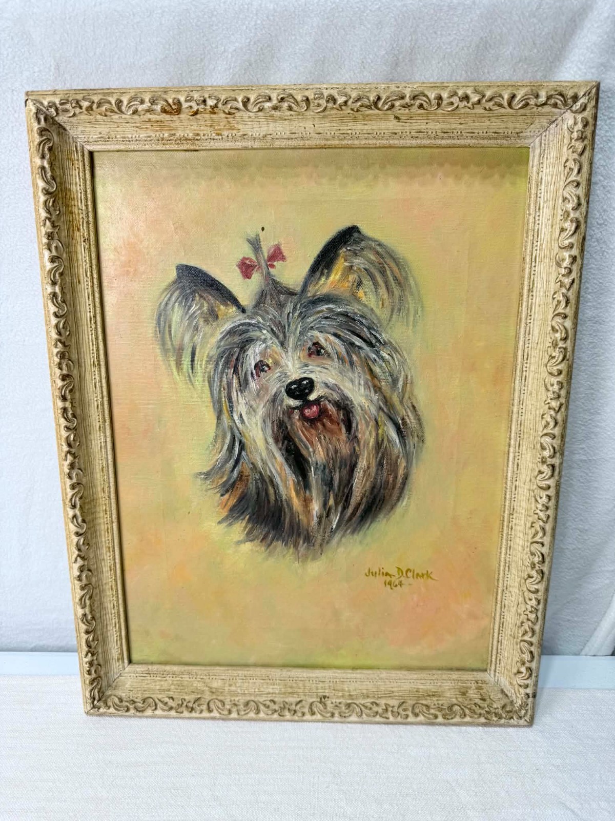 Vintage Yorkie Oil Painting Signed Julia D. Clark 1964 Framed Yorkshire Terrier