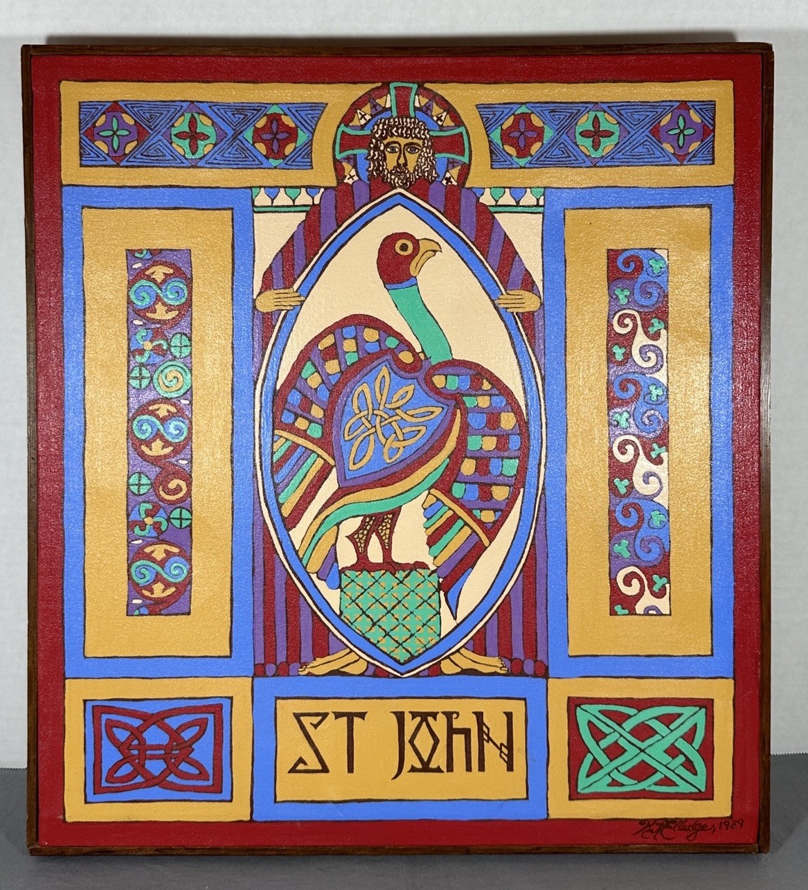 Vintage St. John Religious Hand Painting On Canvas Celtic Eagle Bird 17×19″