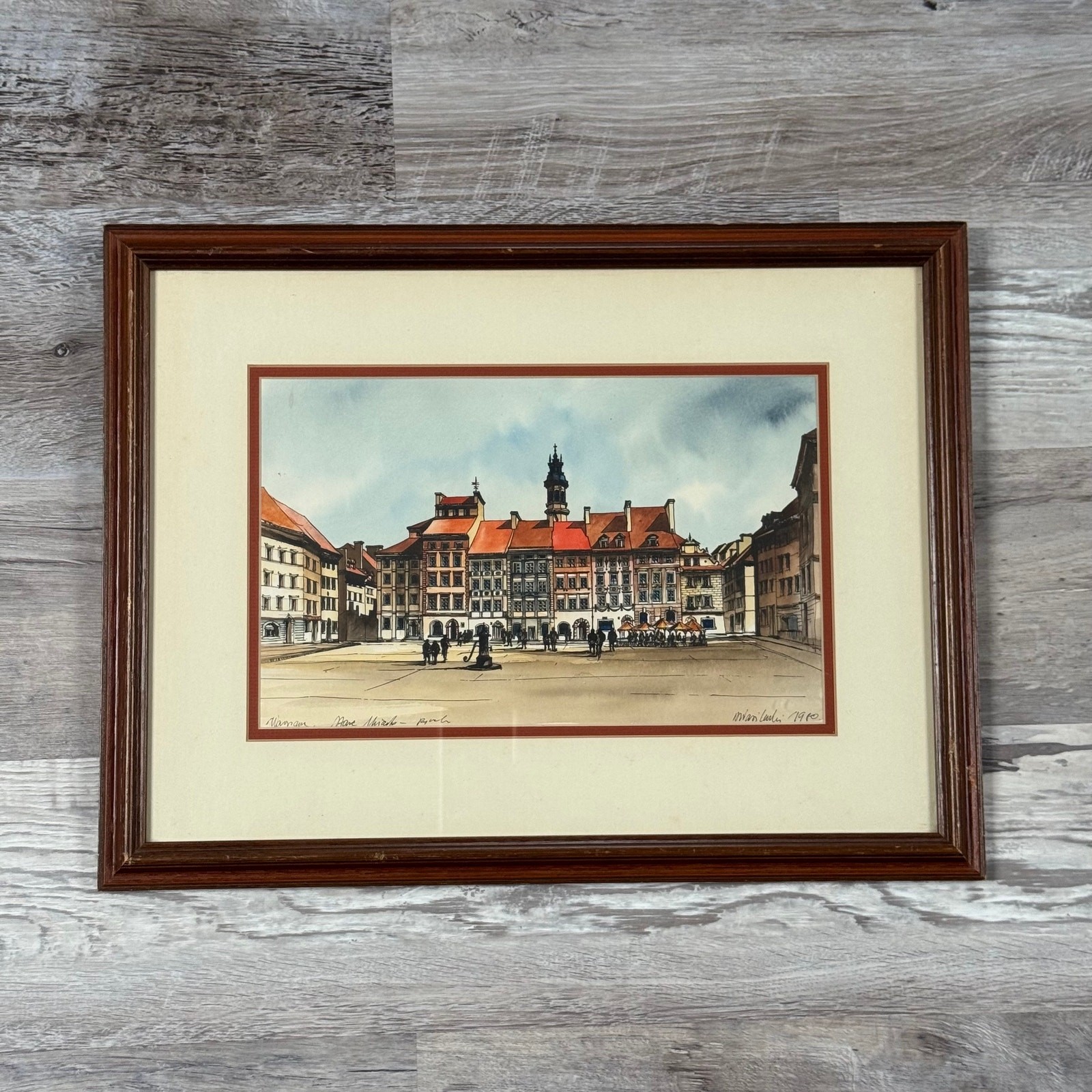 Vintage Original Watercolor & Ink European Cityscape Framed Art 1970