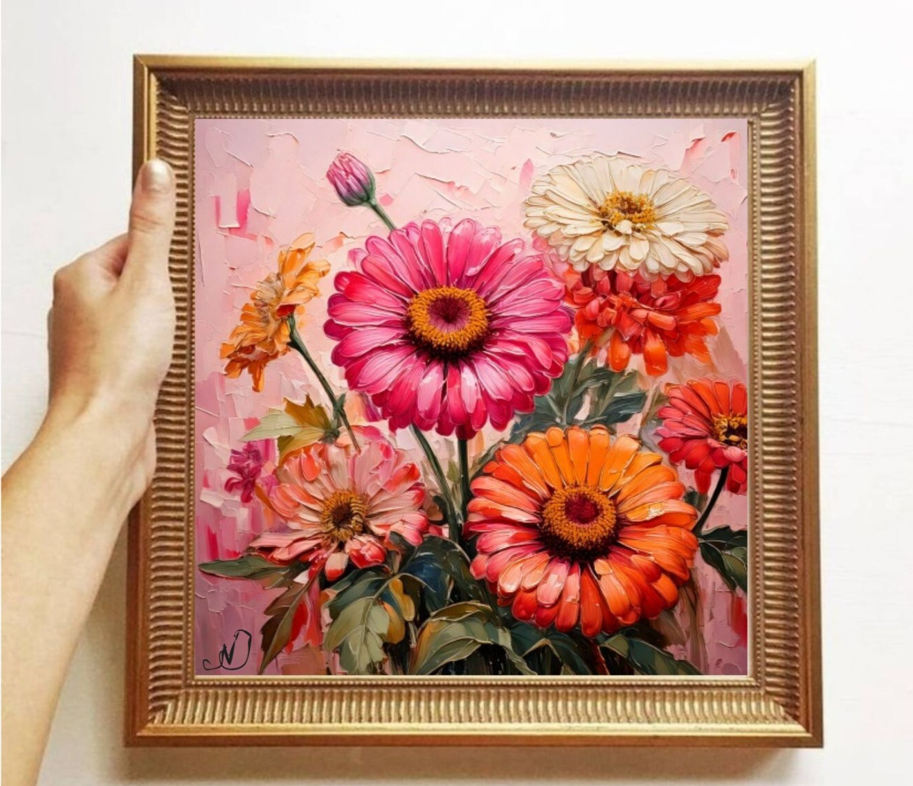 ORIGINAL Oil PAINTING on Canvas Zinnia Textured Art 12×12 in Custom Order