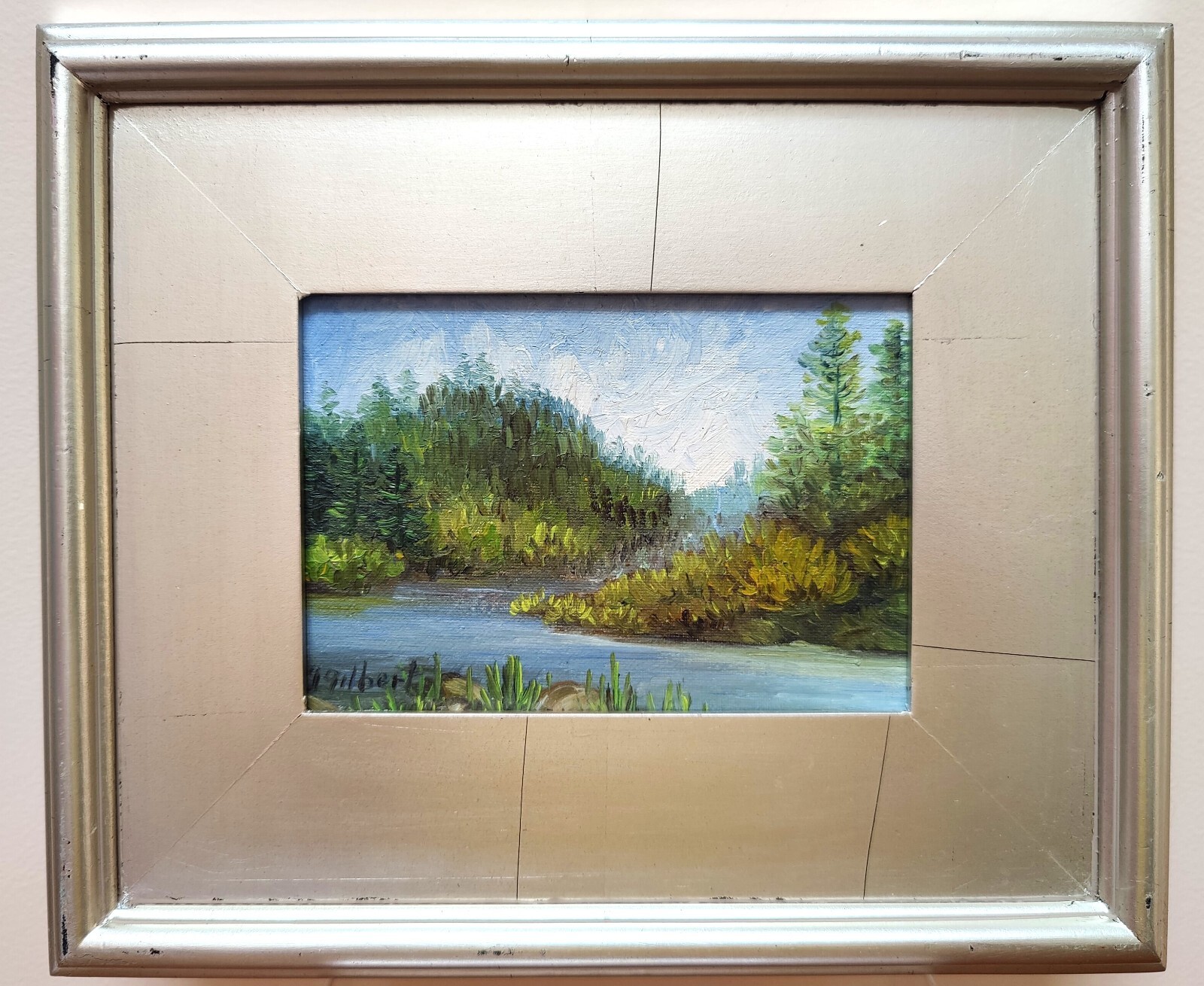 Impressionist Landscape River and Forest Oil Painting Silver Wood Frame 5×7