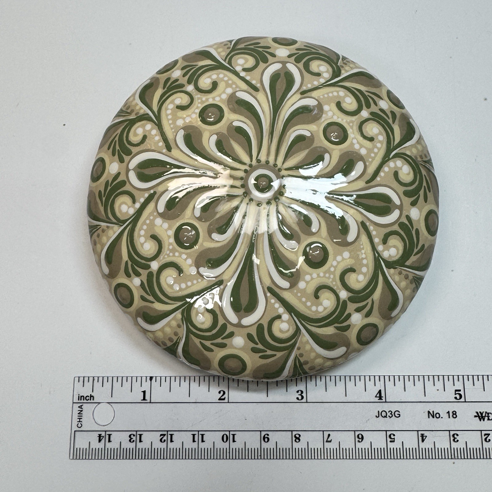 4.5” Delicate Green Mandala – Hand Painted Handmade Stone – By JaDeL