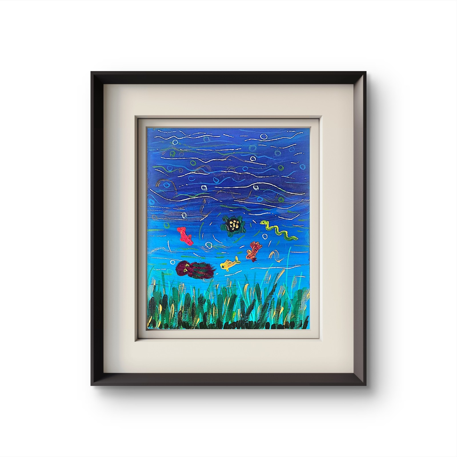 Koi Turtle Pond Acrylic Painting Whimsical Lake Art Original 8×10