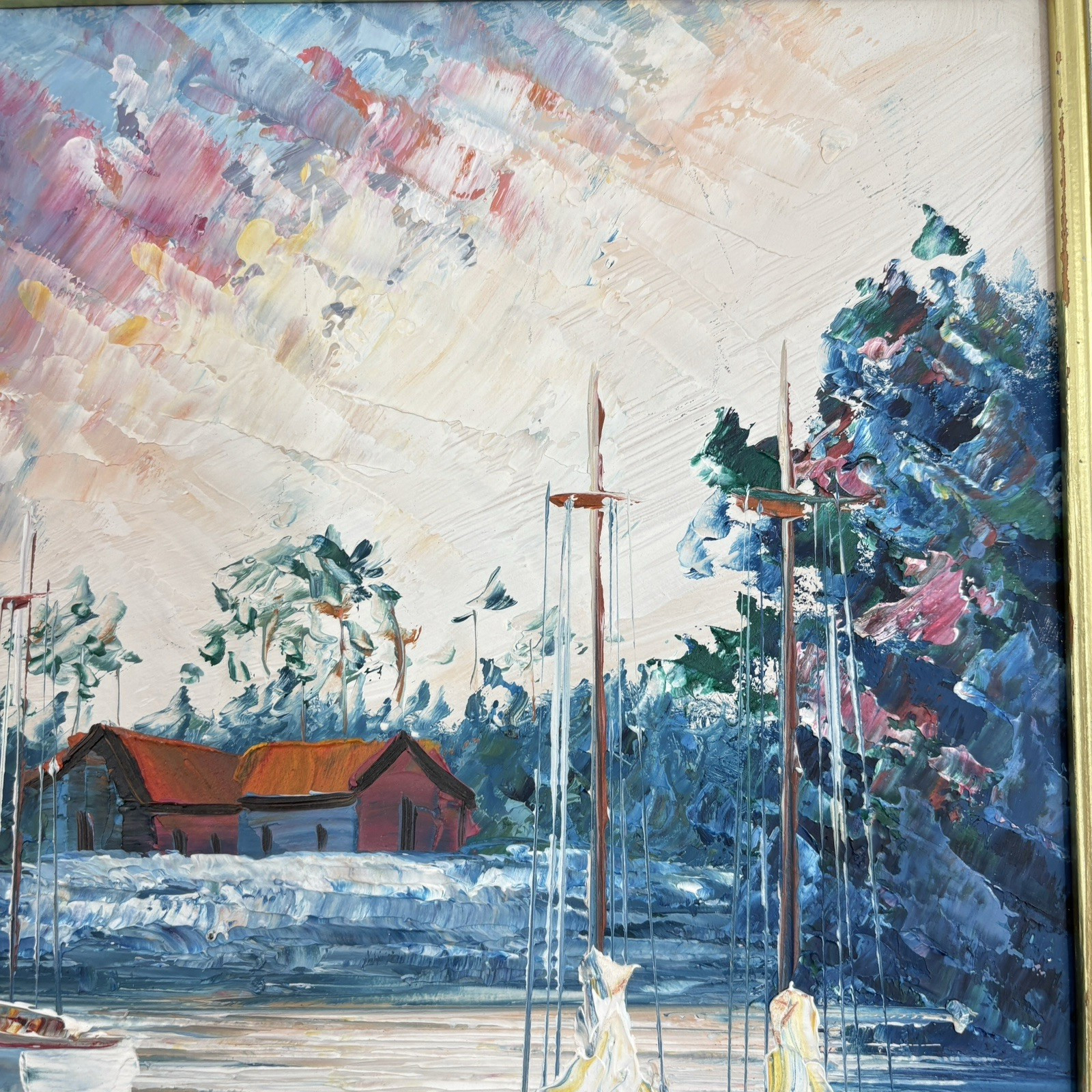 Vintage Sailboat Harbor Seascape Oil Painting Palette Knife Impasto Framed Art