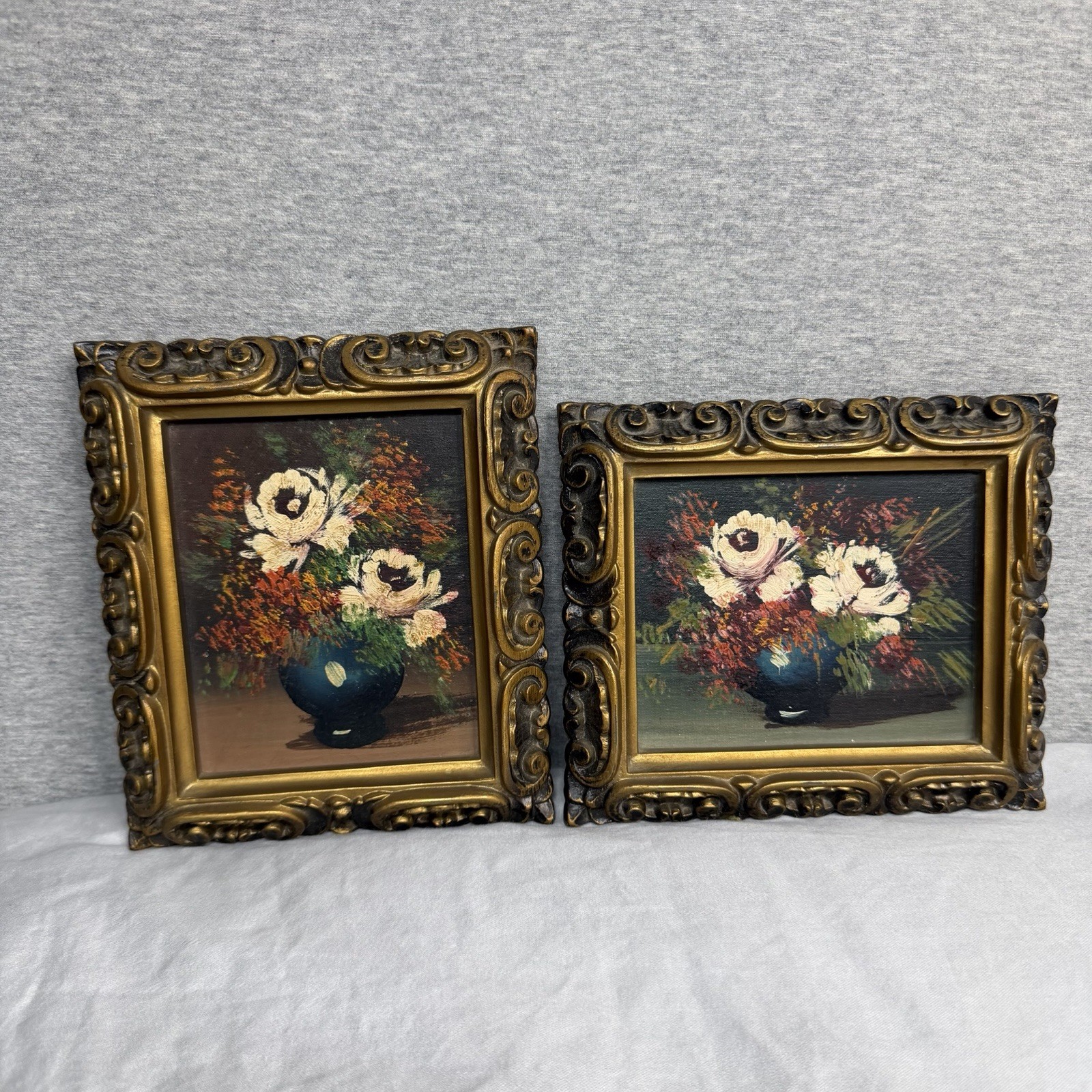 Vtg Mid-century Miniature Floral Oil Paintings Heavy Ornate Gold Gilt Frames Two