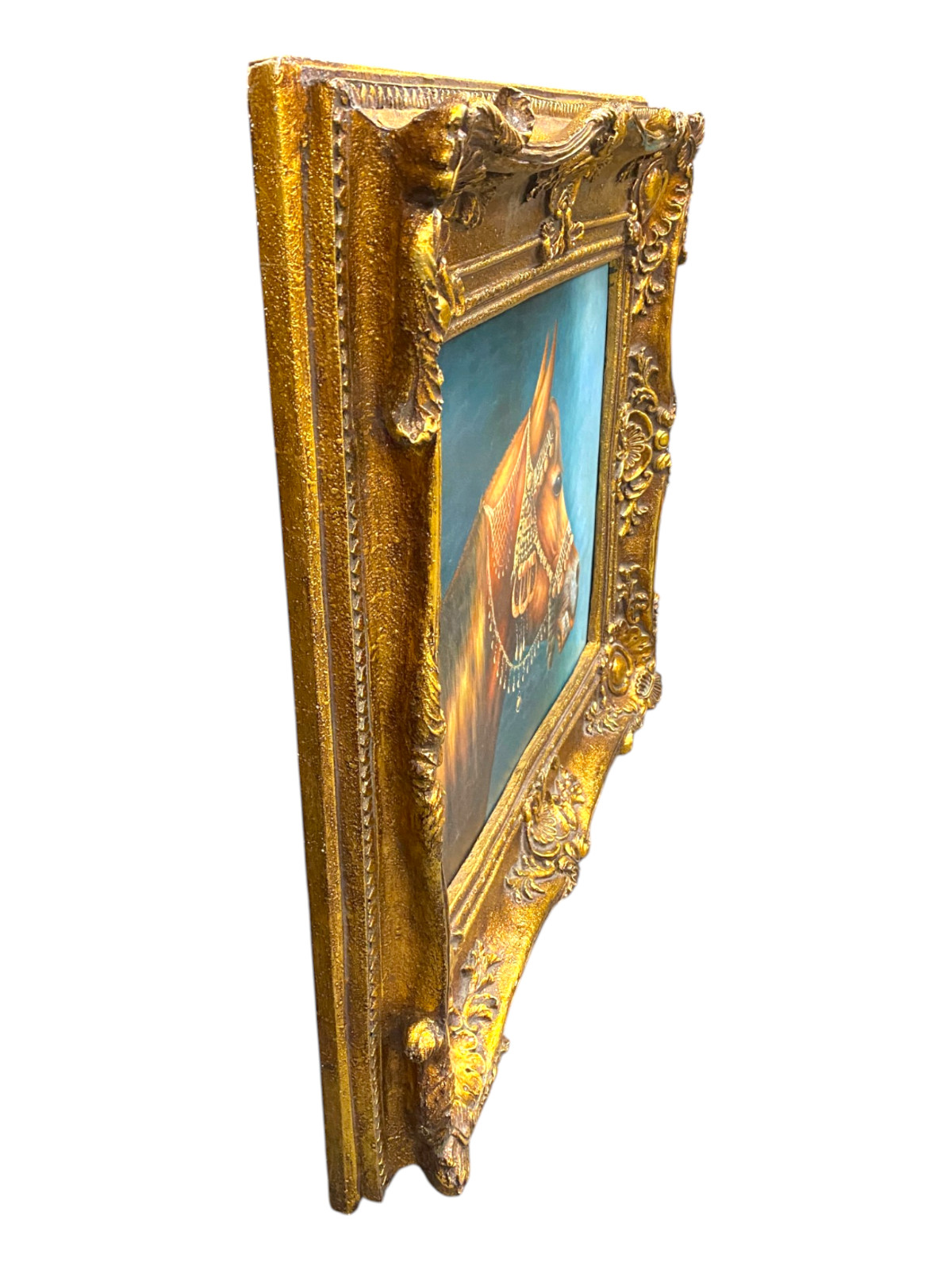 Arabian Horse Oil Painting Ornate Gold Frame Dubai Royal Equestrian Racing Art U