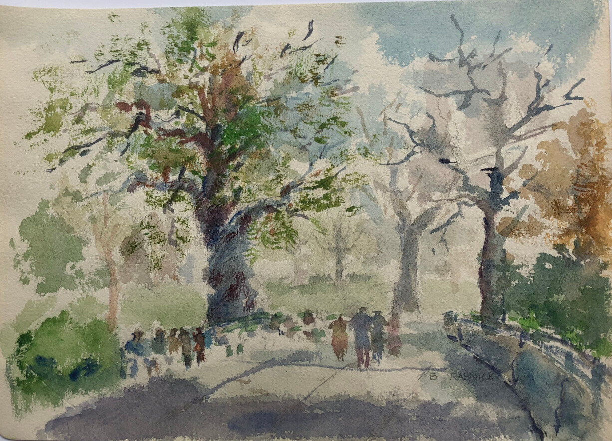 People in a Park Watercolor 8 5/8 x 12- Circa 1950s-B. Rasnick