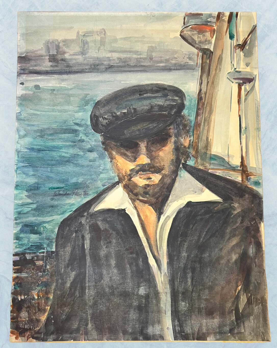 VINTAGE ARTIST WANDA PAINTER WATERCOLOR PAINTING SAILOR 23 X 17”